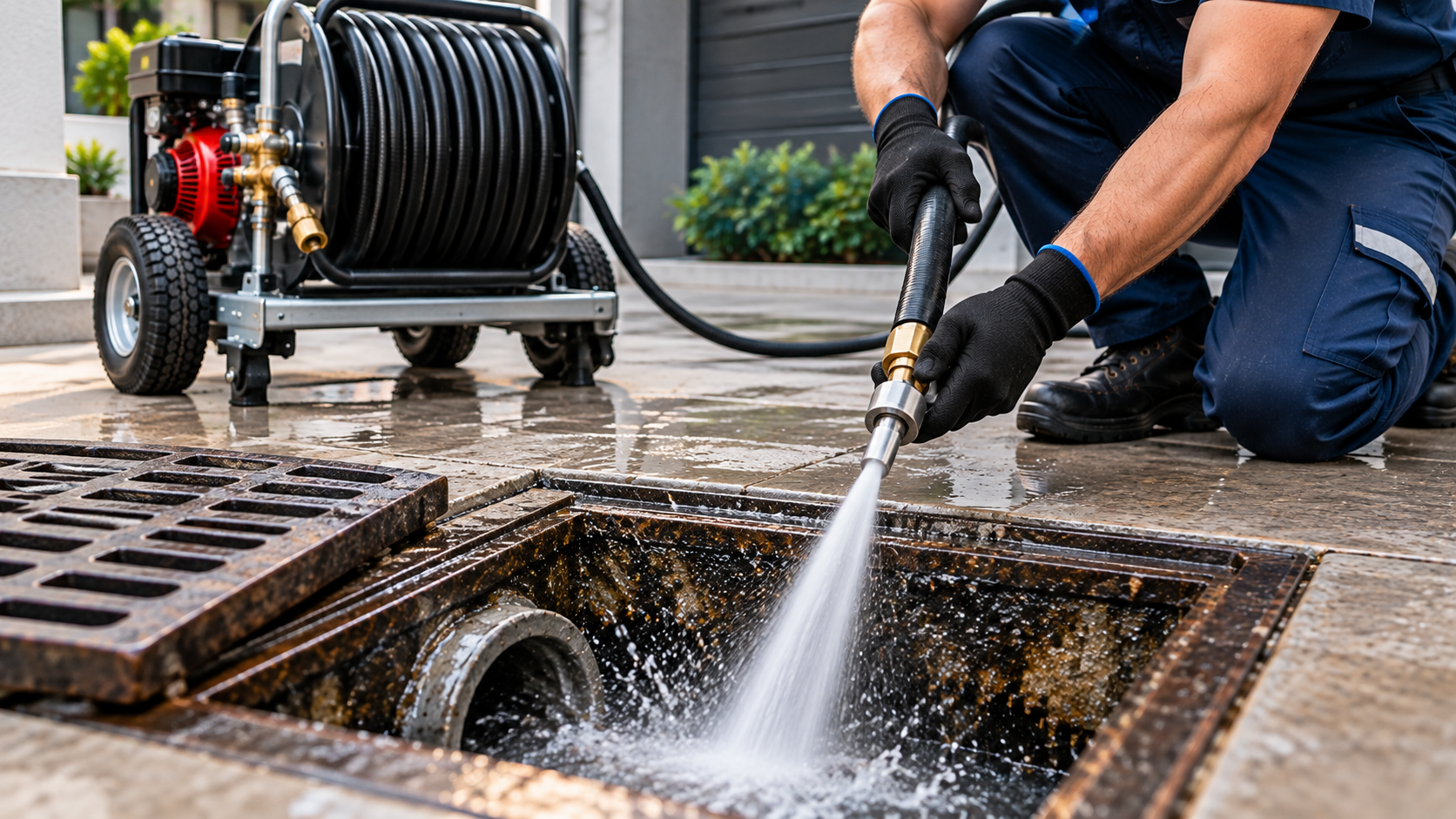 Professional high-pressure drain cleaning in action